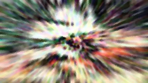 Abstrakte Komposition mit bunten Farbstreifen, die von einem hellen Zentrum radial nach außen laufen, grob gepixelt.