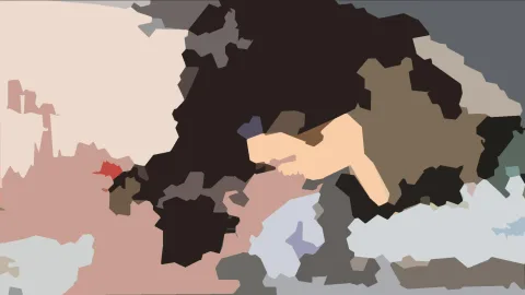 Abstrakte Komposition aus großen, unregelmäßigen Farbflächen in Schwarz, Braun, Creme und Pastell, in der Mitte ein hellhäutiger, hand- oder armförmiger Umriss.