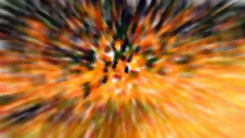 Abstrakte Komposition aus radial verlaufenden orangefarbenen, gelben und dunkelgrünen Schlieren, die sich in der Bildmitte bündeln.
