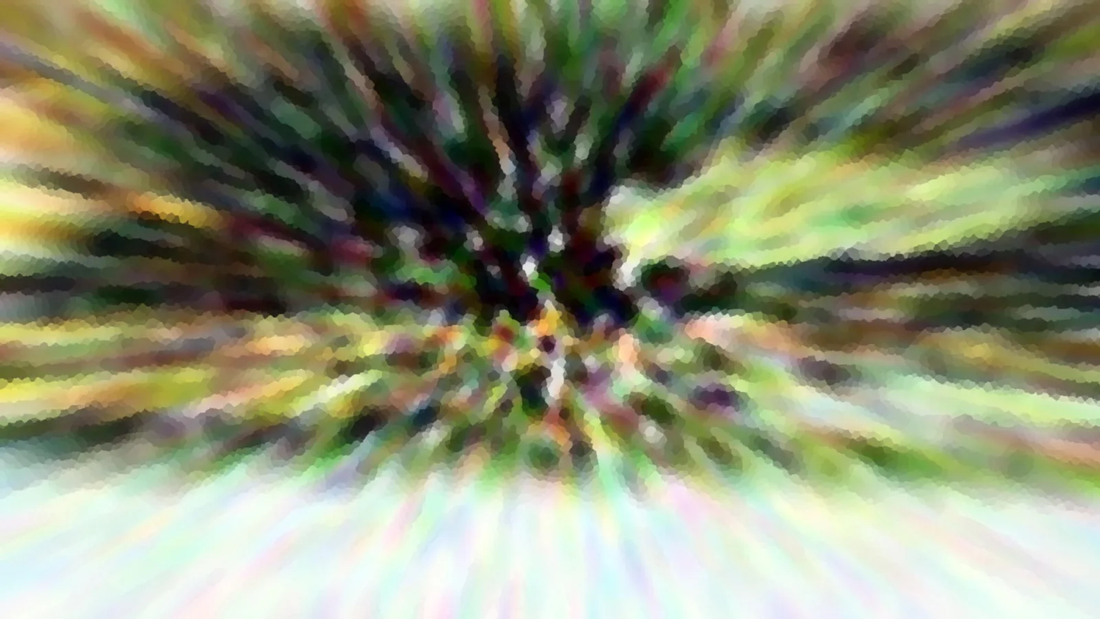 Abstrakte Komposition aus grünen, gelben und dunklen Farbstreifen, die von einem Zentrum in der Bildmitte radial nach außen strahlen.