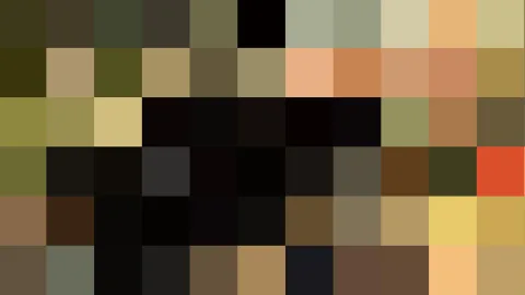 Mosaik aus grob gepixelten Farbfeldern in Oliv, Braun, Schwarz und Orange.