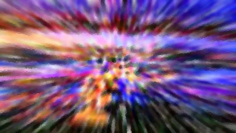 Abstrakte Komposition aus bunten, radial vom Zentrum nach außen verlaufenden Schlieren in Violett, Blau, Orange und Gelb, im Zentrum verdichtet sich das Licht zu einem helleren Punkt.