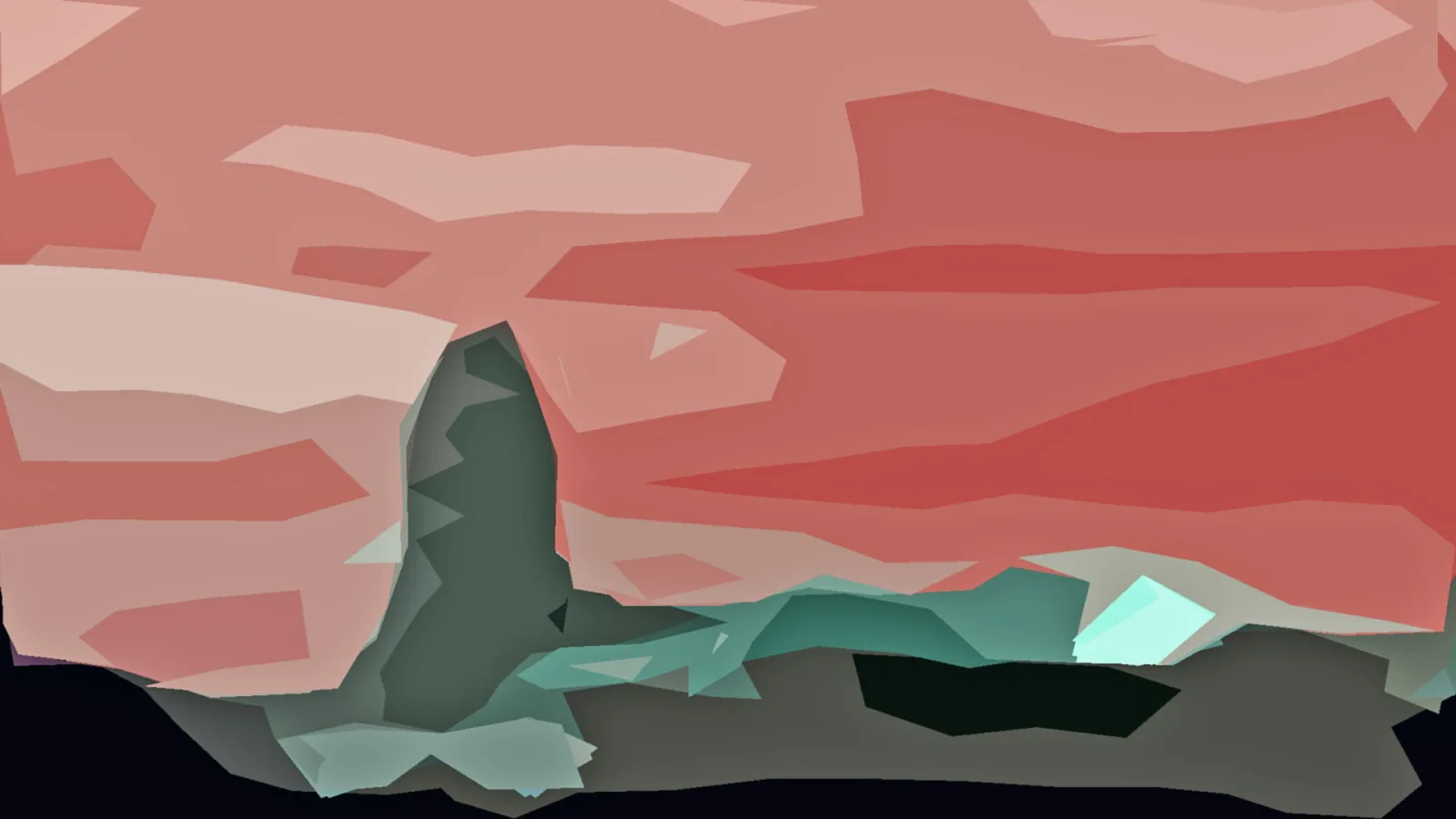 Abstrakte Landschaft aus Dreiecken und Flächen: rosa Himmel, ein dunkler Felsen in der Mitte und türkisfarbene Flächen am Boden.