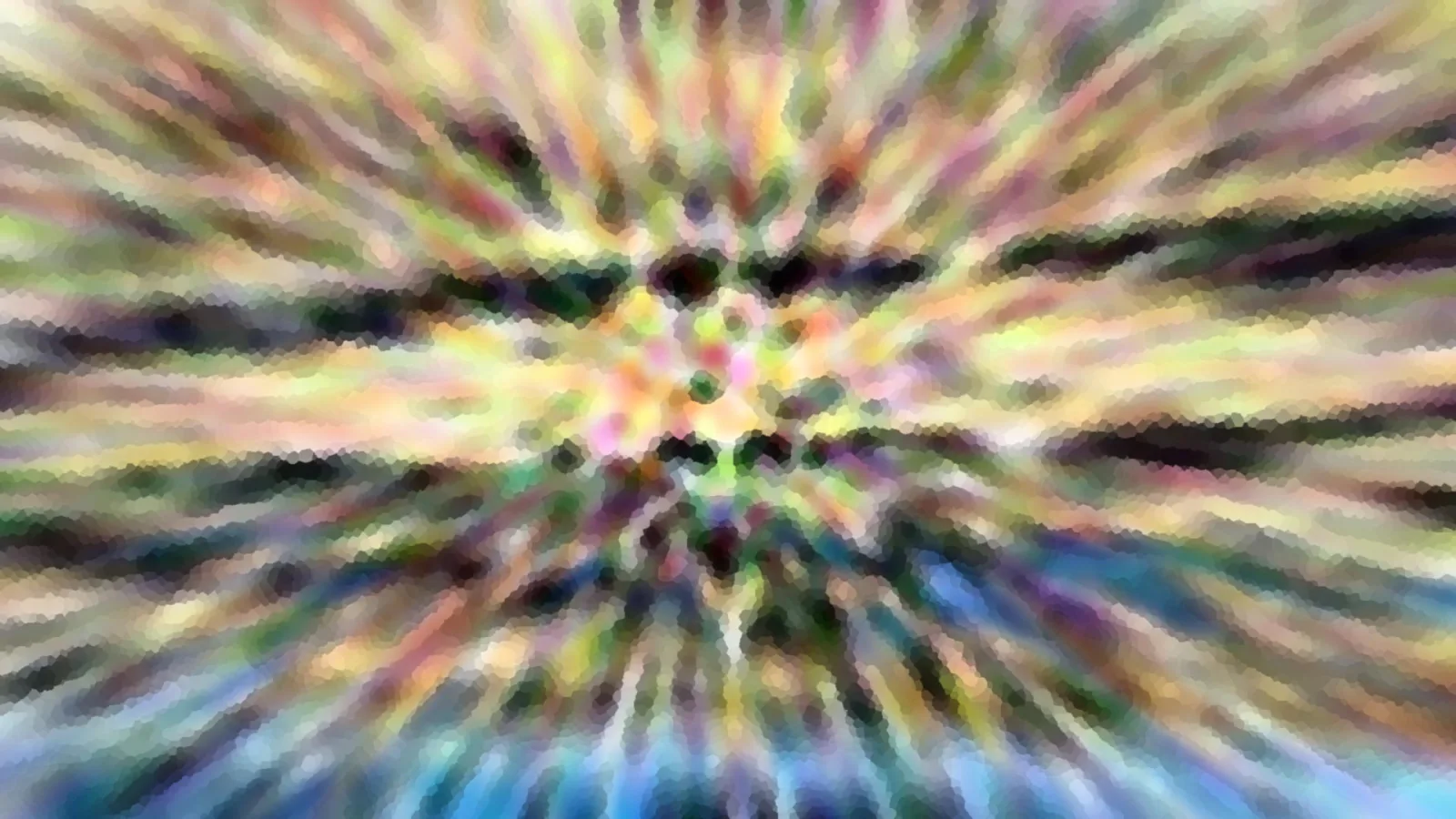 Abstraktes Bild mit radial von der Mitte nach außen laufenden Streifen in Regenbogenfarben, grob mosaikartig gerastert.