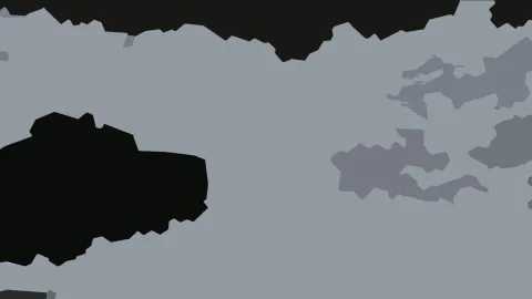 Abstrakte Komposition aus flachen grauen und schwarzen Formen auf hellgrauem Grund, links ein großer schwarzer Block, rechts mehrere mittelgraue Flächen.