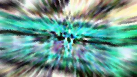 Abstraktes Bild mit radial von einem dunklen Zentrum nach außen verlaufenden Schlieren in Türkis, Grün, Weiß und Violett, leicht verpixelt.