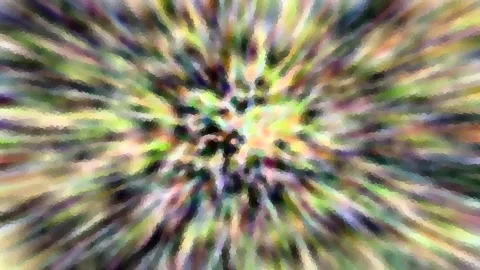 Abstrakte Komposition aus bunten Streifen in Grün, Violett und Gelb, die von einem hellen Zentrum radial nach außen laufen und mosaikartig verpixelt wirken.