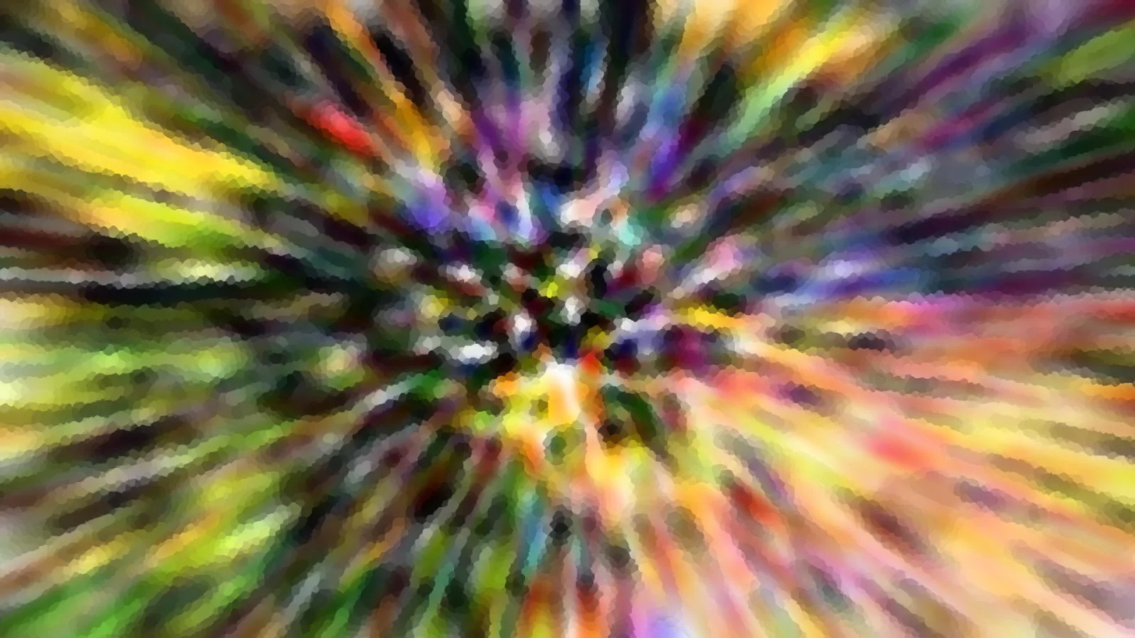 Abstraktes Bild mit bunten Farbstrahlen, die von einem hellen Zentrum in der Mitte nach außen laufen, leicht verwischt und mosaikartig gepixelt.