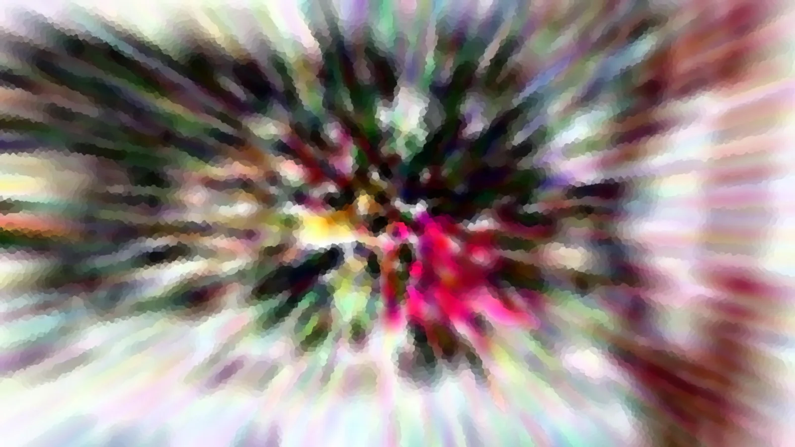 Abstrakte Komposition aus radial verlaufenden, verwischten Farbstreifen in Grün, Weiß, Rosa und Gelb, die zu einem hellen Zentrum hin zusammenlaufen.