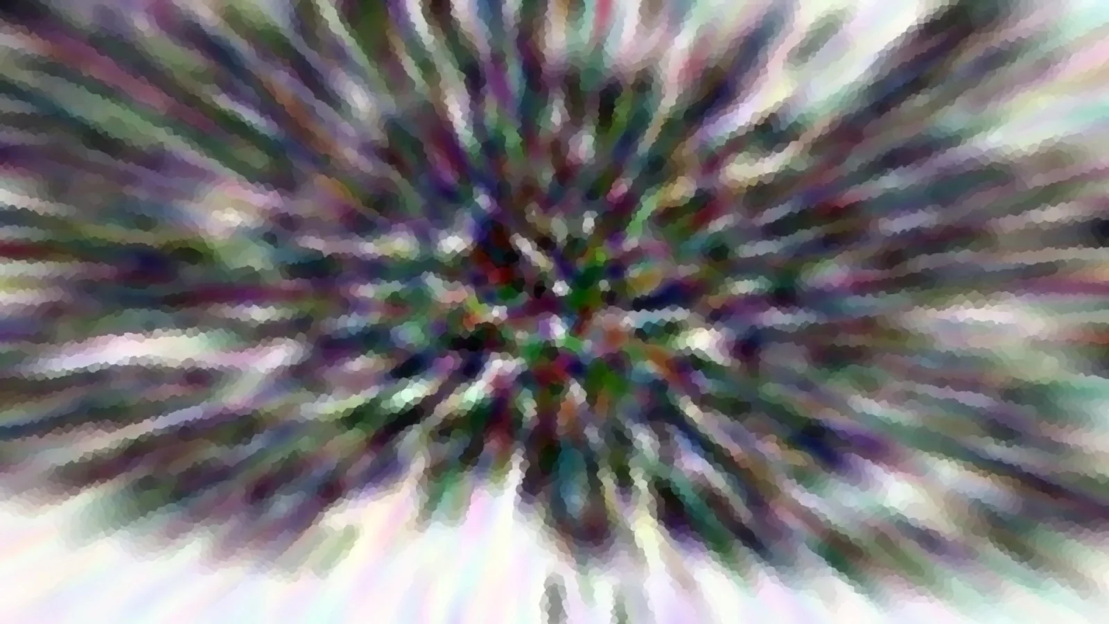 Abstrakte Komposition aus bunten Farbstreifen, die von einem hellen Zentrum radial nach außen laufen, mit blockartiger Pixelstruktur.