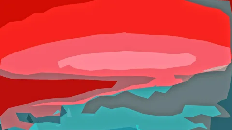 Abstraktes Bild mit kantigen, flächigen Formen in Rot, Pink, Grau und Türkis. In der Mitte liegt ein helles, ovales Feld.