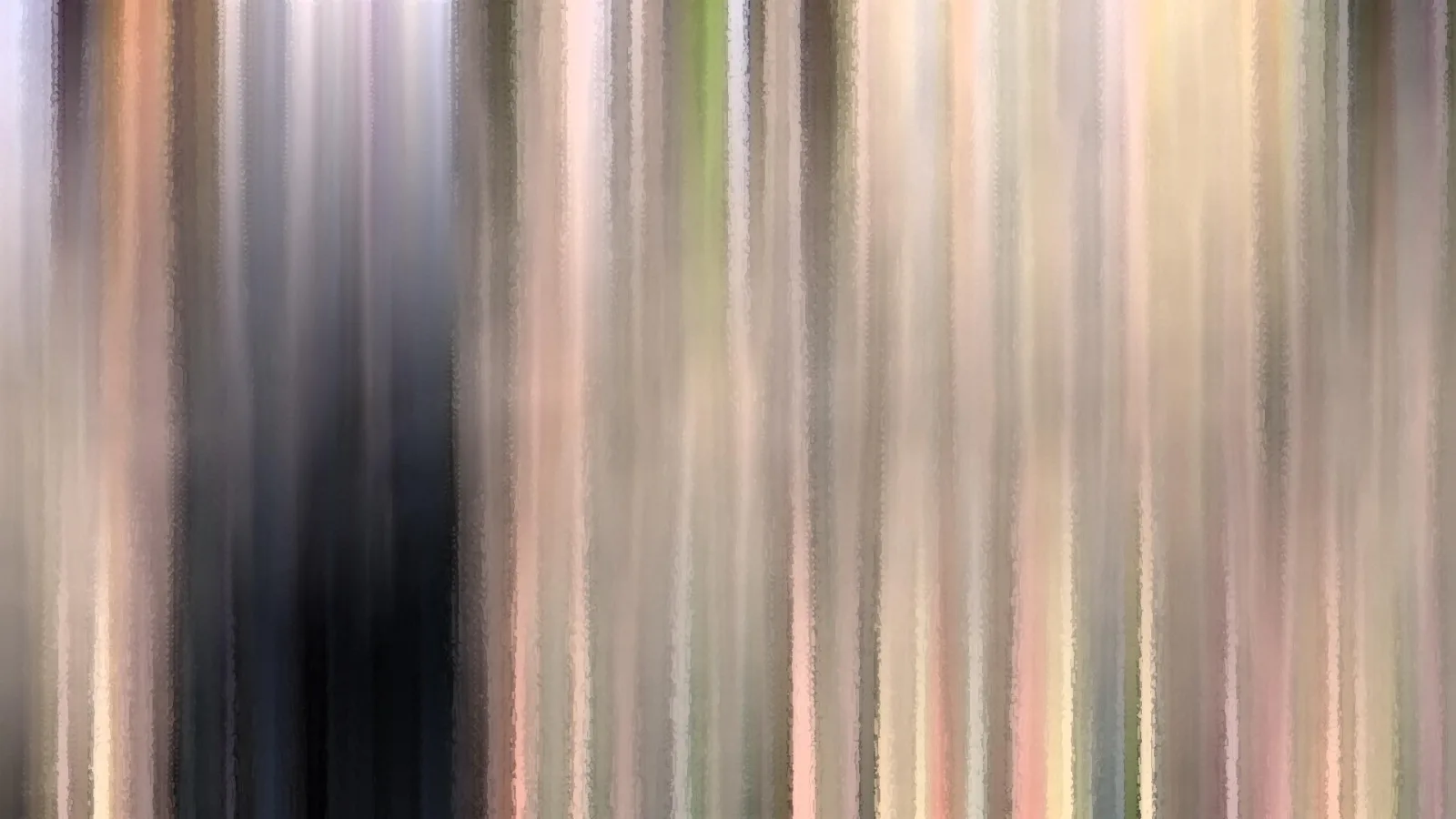 Abstraktes Bild aus vertikalen, verwischten Streifen in Pastelltönen, links ein dunkler blaugrauer Block.