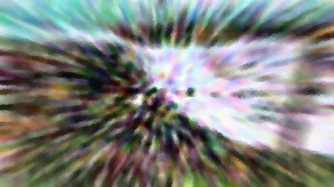 Abstrakte Komposition aus radial von einem Zentrum ausstrahlenden Streifen in Grün, Violett, Rosa und Weiß, grob gepixelt und unscharf.