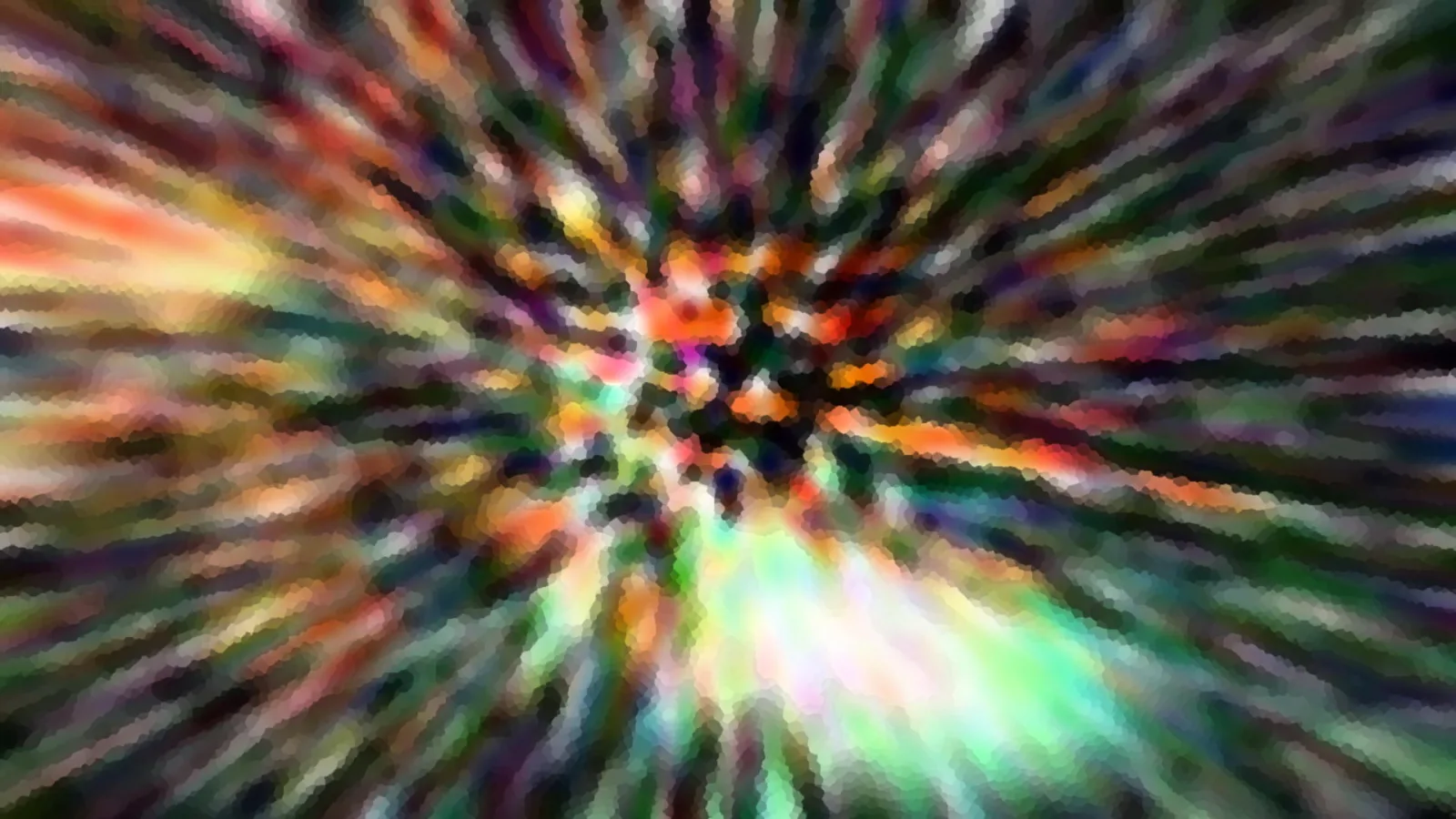 Abstraktes Bild mit bunten Farbstreifen, die von einem hellen Zentrum radial nach außen laufen, mosaikartig gepixelt.