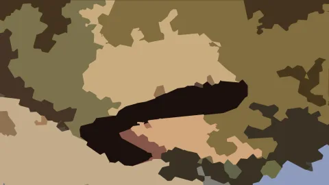 Abstrakte Komposition aus olivgrünen, sandfarbenen und dunkelbraunen Flächen, in der Mitte eine schwarze, schräg liegende Form, unten rechts ein blauer Ausschnitt.