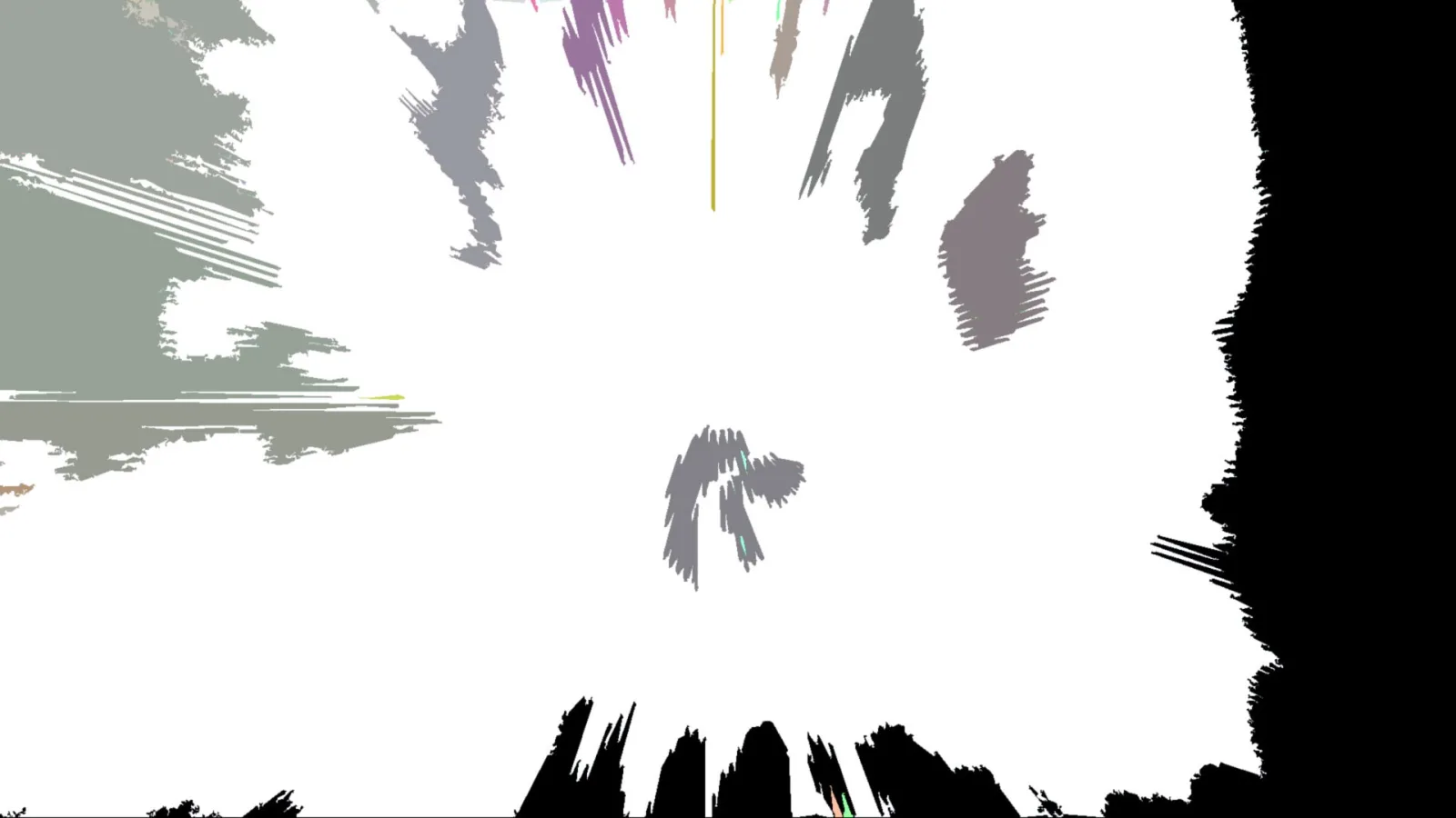 Weißer Hintergrund mit grauen, grünlichen und violetten Schlieren, rechts und unten schwarze, zerfranste Ränder.