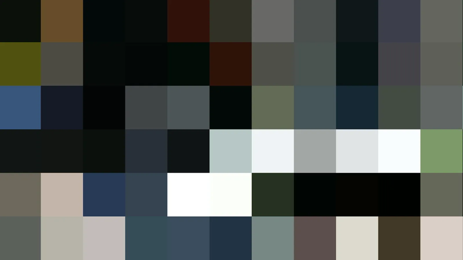Raster aus kleinen Farbfeldern in Schwarz, Grau, Blau, Grün, Weiß und Braun, angeordnet in sechs Reihen und zehn Spalten.