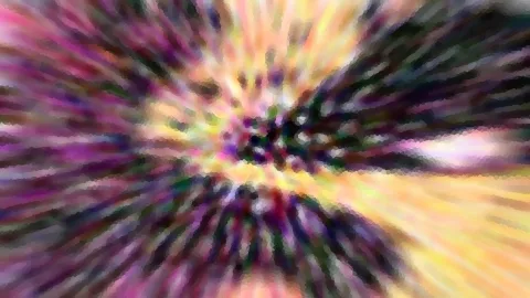 Abstrakte Komposition aus radial verlaufenden Schlieren in Pink, Gelb, Violett und Dunkelgrün, mit grober Mosaik-Pixelung an den Rändern.