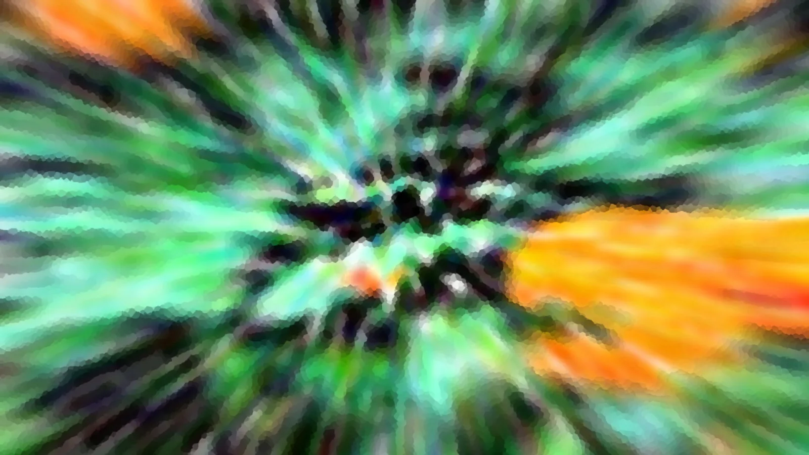 Abstraktes Bild mit radialer Unschärfe: grüne und türkisfarbene Streifen laufen auf eine dunkle Mitte zu, rechts leuchtet ein orangefarbener Bereich.