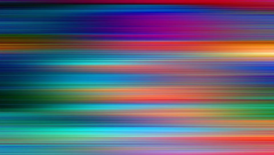 Abstraktes Bild aus horizontalen, verwischten Streifen in Rot, Orange, Gelb, Grün, Türkis, Blau und Violett, die von links nach rechts verlaufen.
