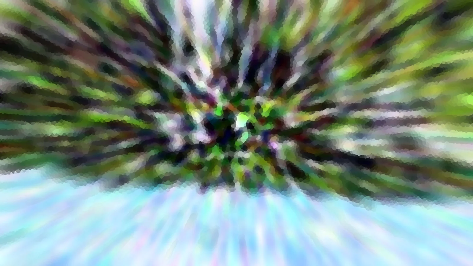 Abstrakte, radial verwischte Aufnahme von grünem Laub vor hellblauem Himmel in Mosaikoptik.