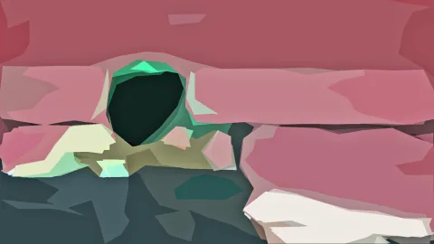 Abstraktes Low-Poly-Bild mit rosa und roten Flächen, einem dunklen grünen Loch in der Mitte und hellen gelbgrünen und weißen Facetten im unteren Bereich.
