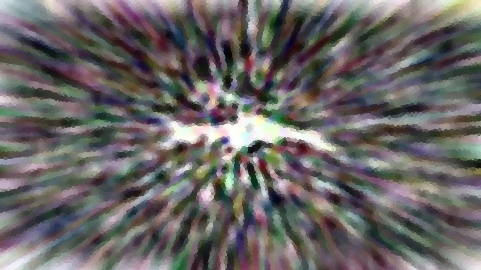 Abstraktes Bild mit bunten, radial von einer hellen Mitte nach außen laufenden Streifen und pixeliger Struktur.