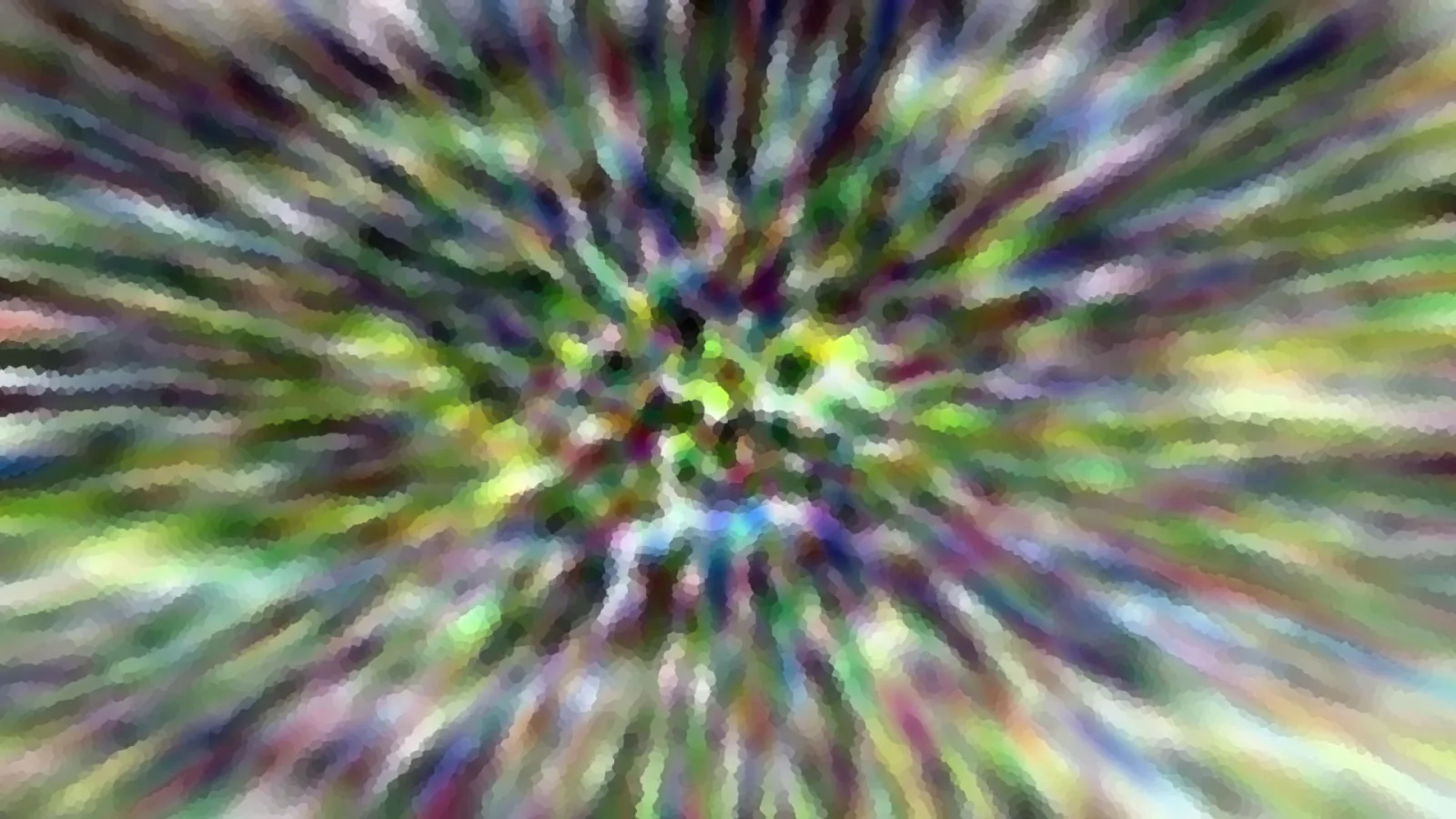 Abstraktes Bild mit bunten Farbstrahlen, die von einem hellen Zentrum radial nach außen verlaufen, im Stil eines Zoom-Effekts mit Mosaik-artiger Körnung.