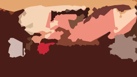 Abstrakte Komposition aus unregelmäßigen Flächen in Creme, Rosa, Rot und Braun auf dunklem Grund.