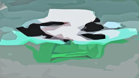 Abstrakte Komposition aus facettenartigen Flächen in Grau, Mintgrün und Grün, mit schwarzen und weißen Formen in der Mitte.