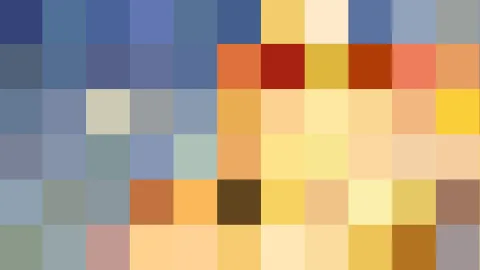 Abstraktes Muster aus quadratischen Farbfeldern in Blau-, Grau-, Gelb- und Orangetönen, in Reihen angeordnet.