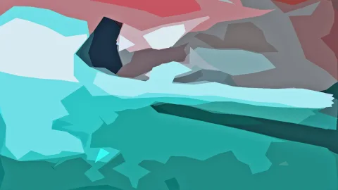 Abstrakte Komposition aus unregelmäßigen, kantigen Flächen in Türkis, Hellblau, Korallenrot, Grau und Dunkelblau.
