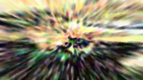 Abstrakte Komposition aus farbigen Streifen, die von einem hellen Zentrum radial nach außen laufen, mit mosaikartiger Pixelstruktur.