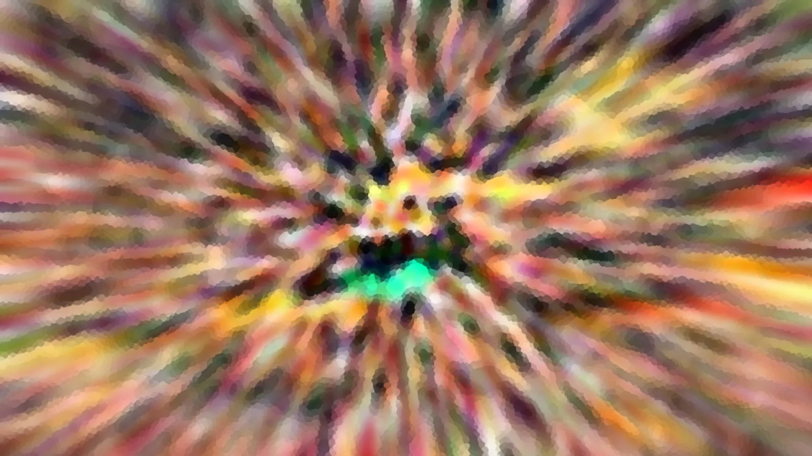 Abstraktes Bild mit bunten Streifen, die radial von einem grün leuchtenden Zentrum nach außen laufen.