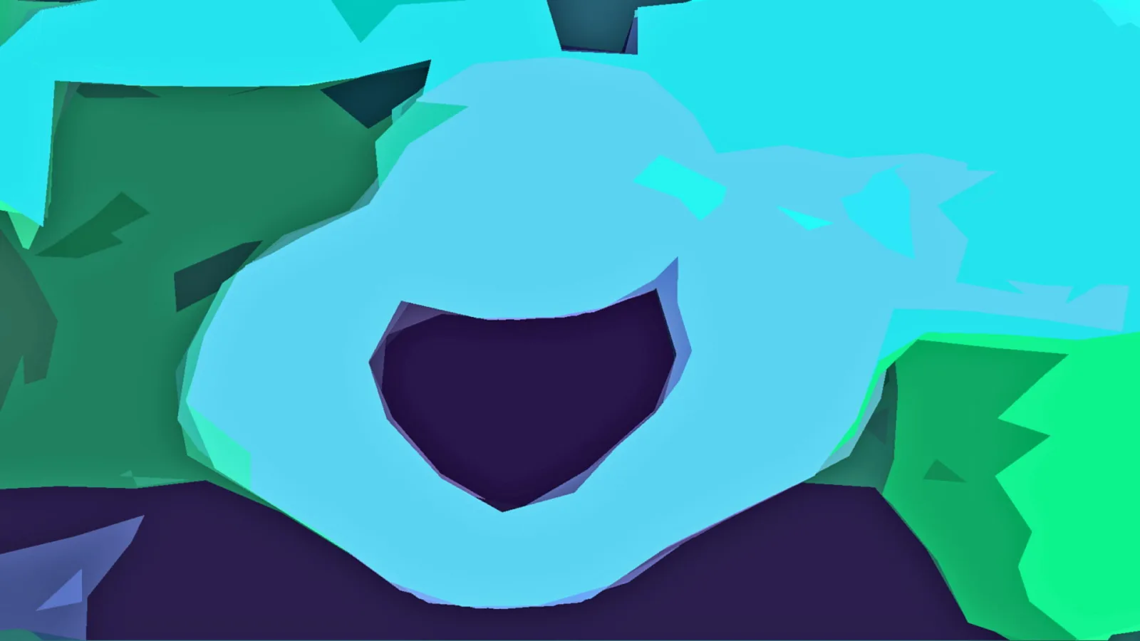 Abstrakte Low-Poly-Formen in Türkis, Grün und Dunkelviolett, in der Mitte eine dunkle, mundartige Öffnung in einer hellblauen Fläche.