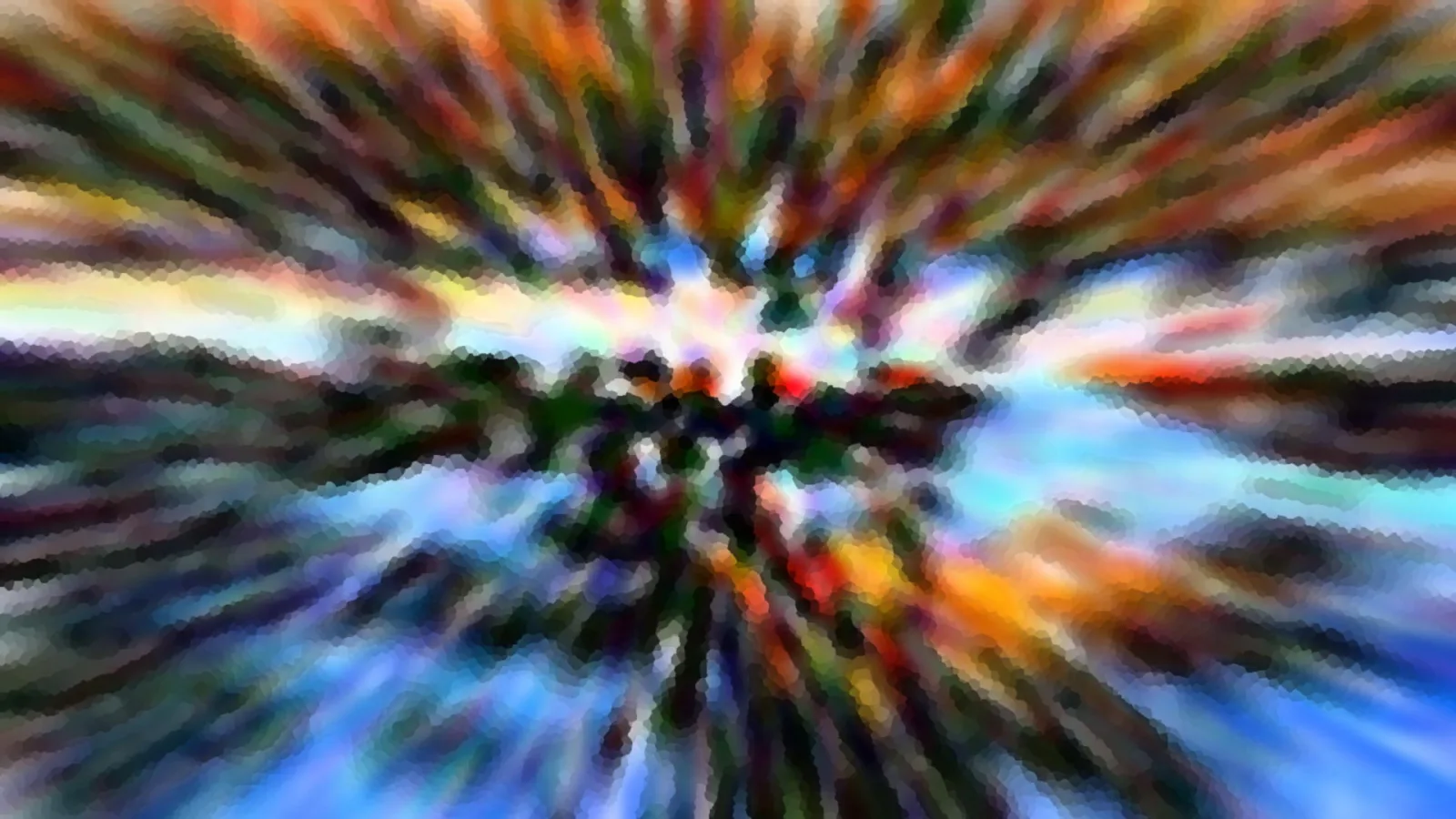 Abstrakte Komposition aus bunten Streifen, die radial von einem hellen Zentrum nach außen laufen, in Blau, Orange, Grün und Rot.