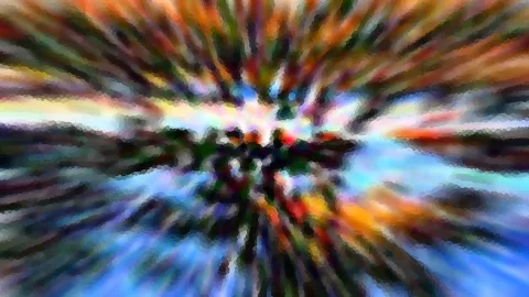 Abstrakte Komposition aus bunten Streifen, die radial von einem hellen Zentrum nach außen laufen, in Blau, Orange, Grün und Rot.