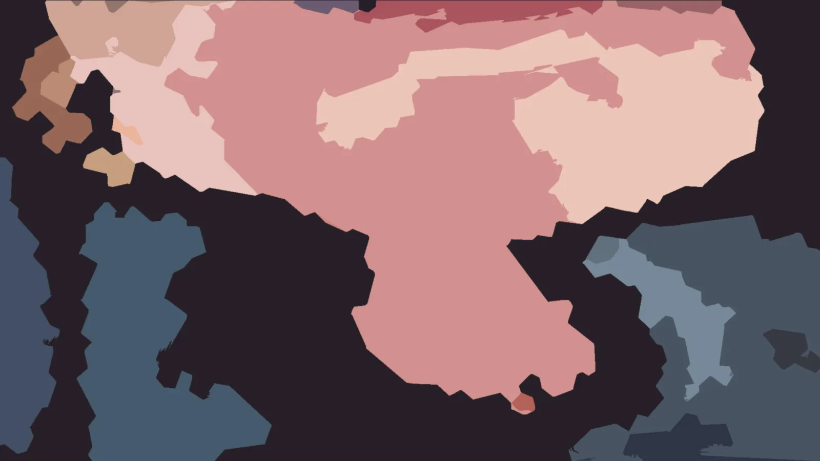 Abstraktes Bild aus flachen, unregelmäßigen Farbflächen in Rosa, Hellrosa und Dunkelblau auf nahezu schwarzem Grund.
