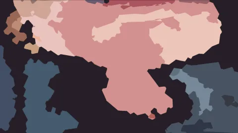 Abstraktes Bild aus flachen, unregelmäßigen Farbflächen in Rosa, Hellrosa und Dunkelblau auf nahezu schwarzem Grund.