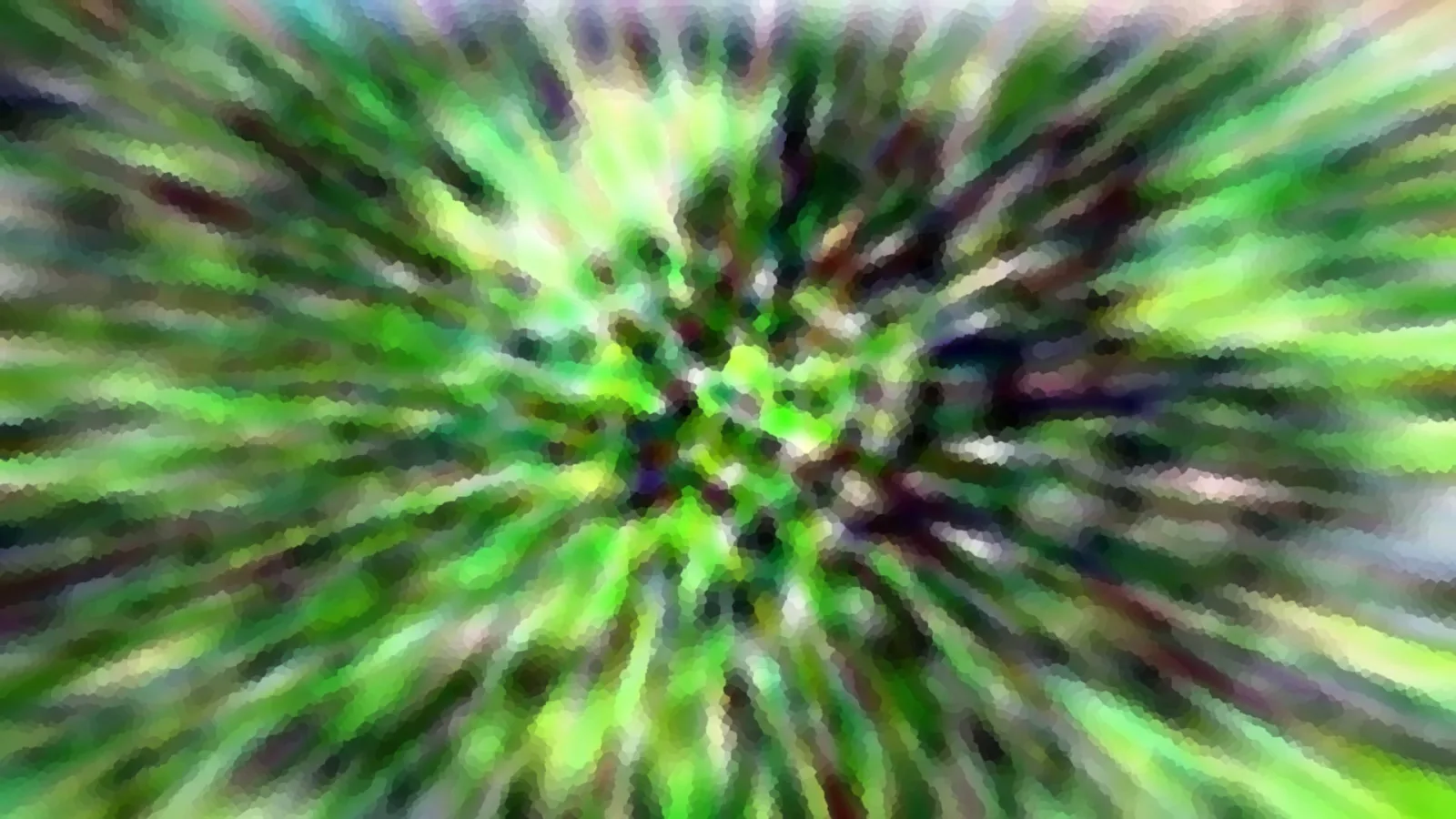 Abstrakte grüne Zoomunschärfe mit Strahlen, die von der Mitte nach außen laufen, durchsetzt von weißen und dunkelblauen Farbflecken.