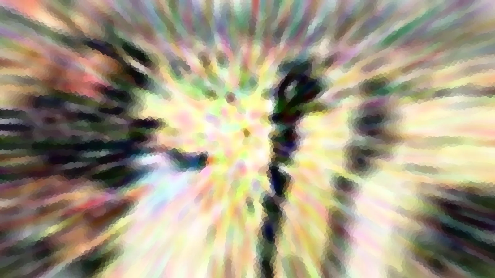 Abstrakte Komposition aus radial verwischten Farbstreifen in Pastellgelb, Grün und Rosa, in der Mitte dunkle, verschwommene Schattenformen.