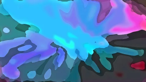 Abstraktes Bild aus weichen, organischen Farbflächen in Cyan, Violett und Pink, dazwischen dunkle Grau- und Grüntöne.