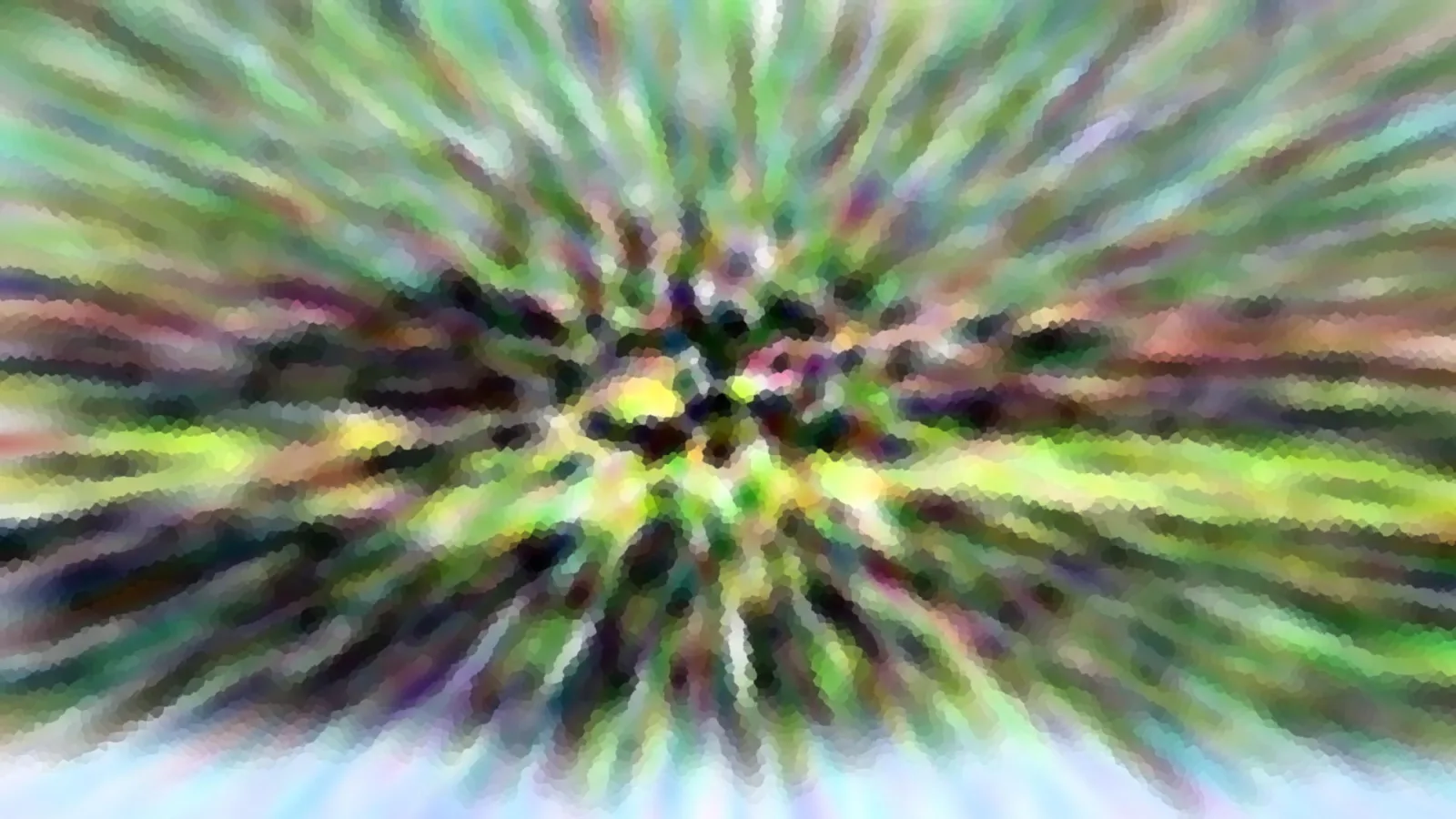 Abstrakte Komposition mit radialer Unschärfe, die von einem dunklen Zentrum nach außen strahlt, in Grün, Gelb, Violett und Blau, mit mosaikartiger Körnung.