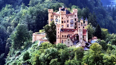 Gelbes Schloss Hohenschwangau mit roten Dächern und Türmen auf einem bewaldeten Hügel