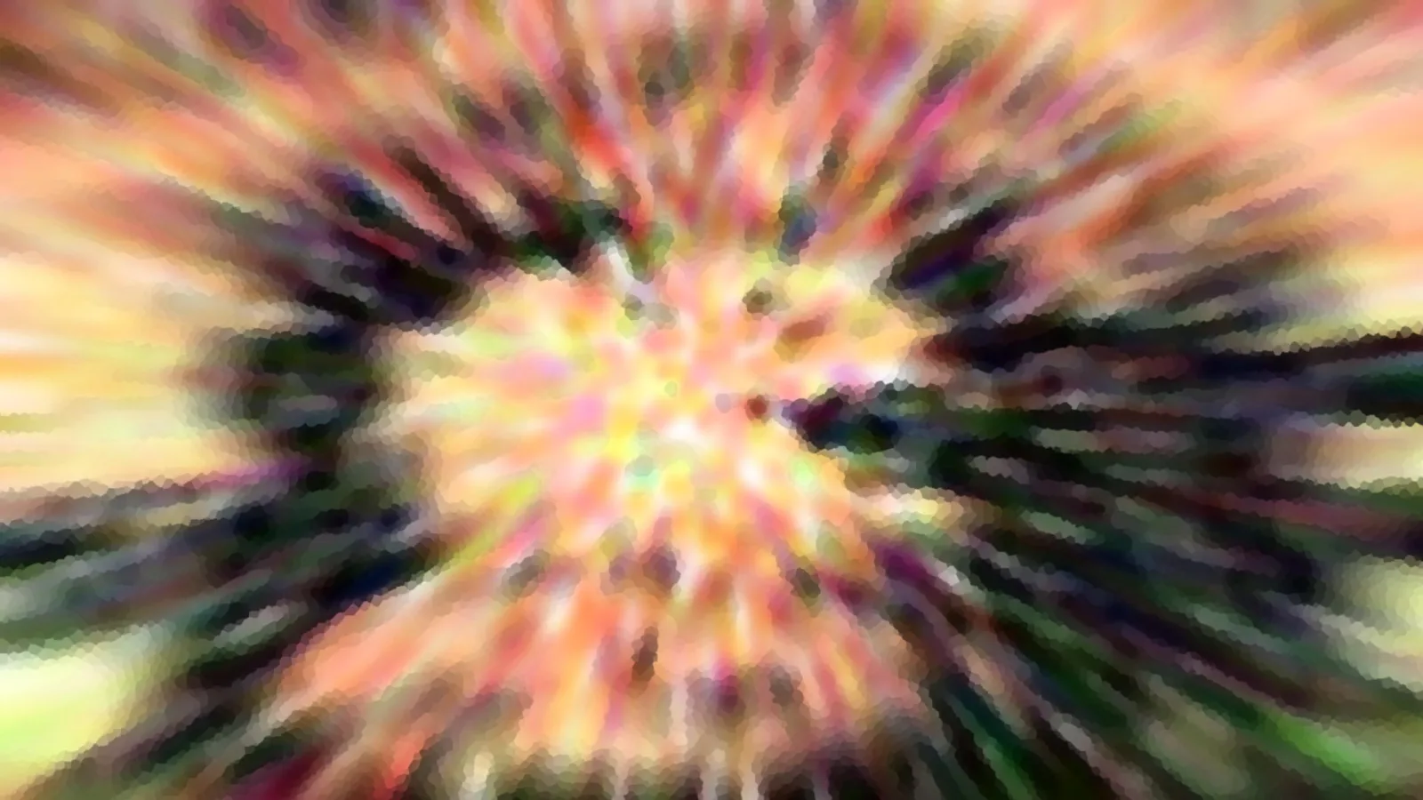 Abstrakte Komposition aus radial verlaufenden, verwischten Farbstreifen in Rosa, Orange, Gelb und Grün, mit dunklen Schlieren am Rand und hellem Zentrum.