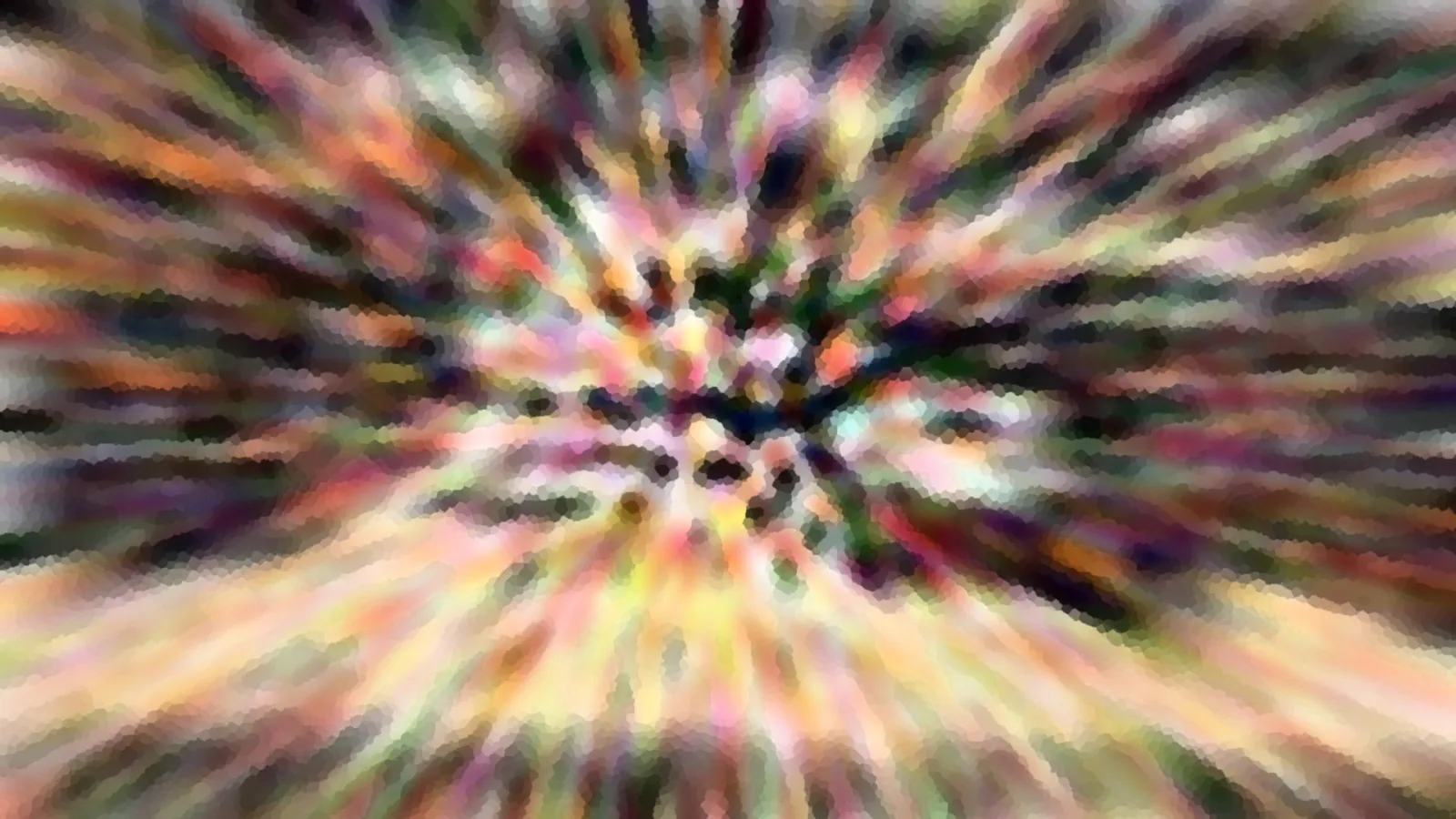 Abstraktes Bild mit bunten Farbstrahlen, die von einem dunklen Zentrum in der Bildmitte nach außen laufen, überzogen von einer mosaikartigen Pixelstruktur.