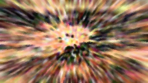 Abstrakte Komposition aus radial vom Zentrum ausgehenden, bunten Streifen in Orange, Gelb, Grün und Dunkelbraun, die in mosaikartige Flächen zerfallen. Im Zentrum ein heller, gelblicher Punkt.