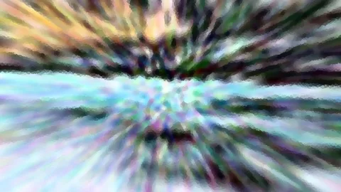 Abstraktes Bild mit radial von der Mitte nach außen verlaufenden, verwischten Farbstreifen in Gelb, Grün, Türkis und Violett.