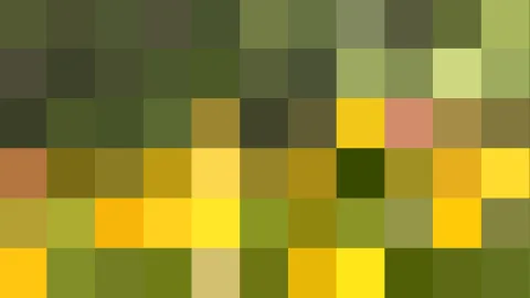 Abstraktes Bild aus einem Raster quadratischer Farbfelder in Oliv, Grün, Gelb und einzelnen Orangetönen.