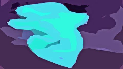 Abstrakte Komposition mit einer großen türkisfarbenen Form auf violettem Grund, am Rand dunklere und hellere violette Flächen.